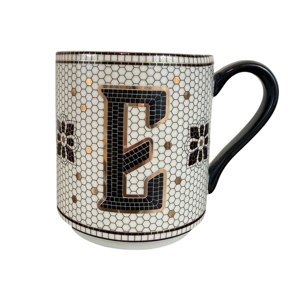 Anthropologie Bistro Tile Margot Monogrammed Mug Letter "E" 24K Gold Trim